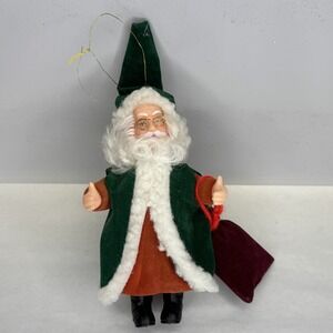 Vtg Flocked Santa Clause Father Christmas Ornament Green‎ Coat Red Toy Sack